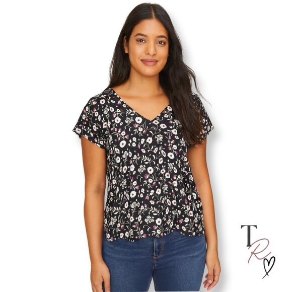 LOFT Floral V-Neck Blouse Black Short Sleeve Top Size XL - Picture 1 of 11